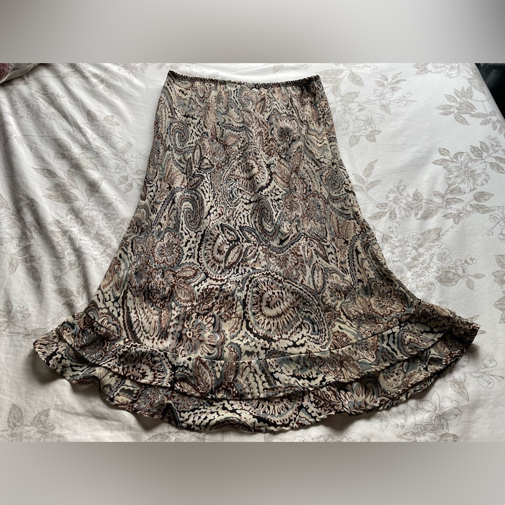 Vintage Brown Pull On Paisley Ruffle Trim Slip Skirt 8 Forest Fairy Feminine Y2K